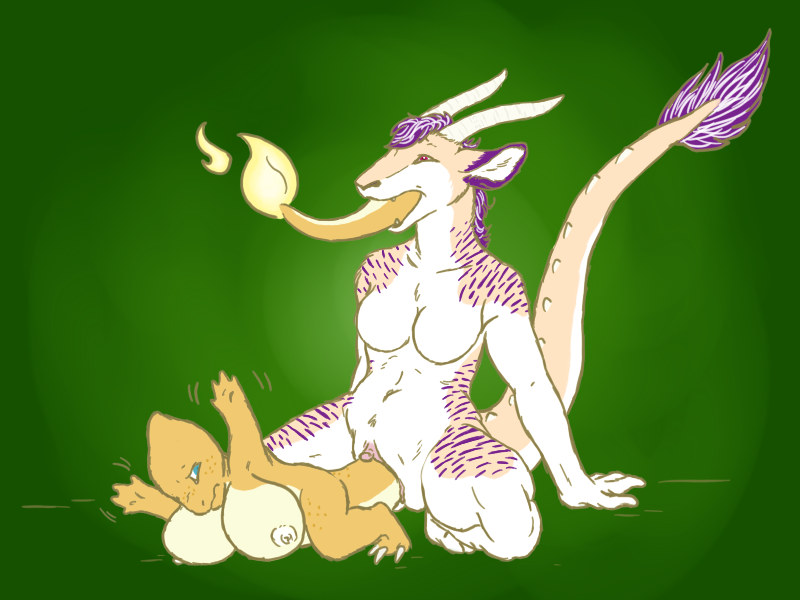 aurali big_breasts blue_eyes breasts char charmander clitoris crouching dragon female horns hybrid lesbian nude open_mouth pok&eacute;mon purple_hair pussy rat red_eyes rodent sarvix scalie simple_background size_difference spread_legs spreading tail tail_sex vaginal