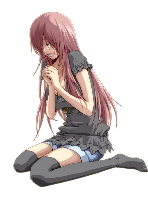 casual crying hands_clasped long_hair megurine_luka no10 open_mouth pink_hair tears thighhighs vocaloid