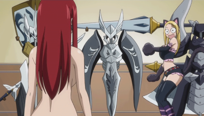 2girls animal_ears animated animated_gif bare_shoulders blonde_hair breasts brown_eyes buckle cat_ears cat_girl cat_tail catgirl erza_scarlet fairy_tail female gif hands_on_knees large_breasts long_hair looking_at_another looking_back lucy_heartfilia multiple_girls naked navel nude red_hair reverse shorts standing surprise surprised tail thighhighs undressing warped_context