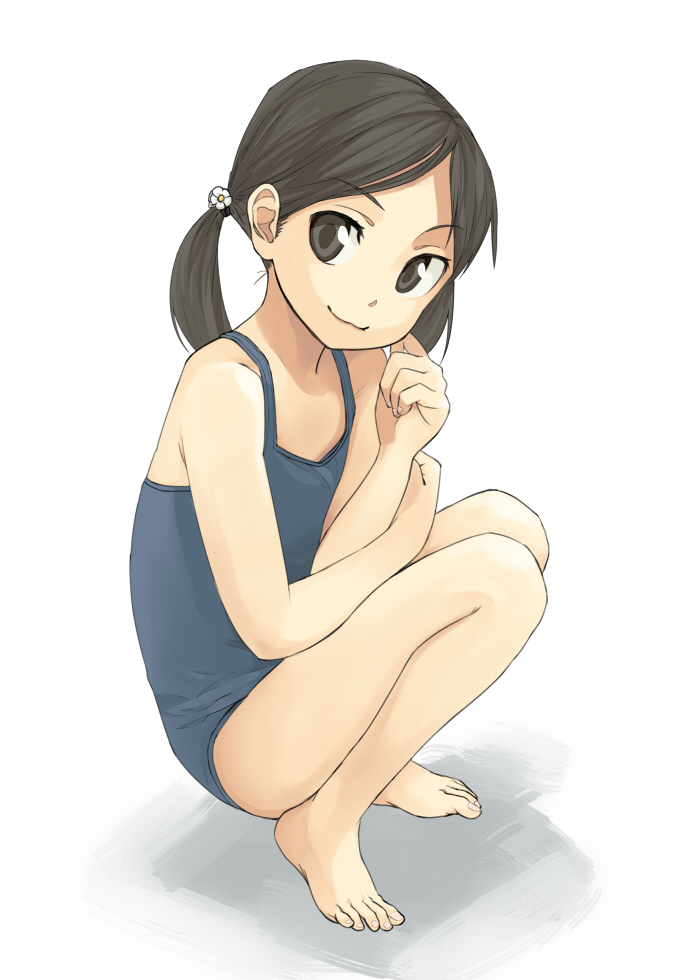 bad_id bad_pixiv_id black_eyes black_hair flat_chest kiwa_(a-bell-abi) long_hair one-piece_swimsuit original school_swimsuit solo squatting swimsuit twintails