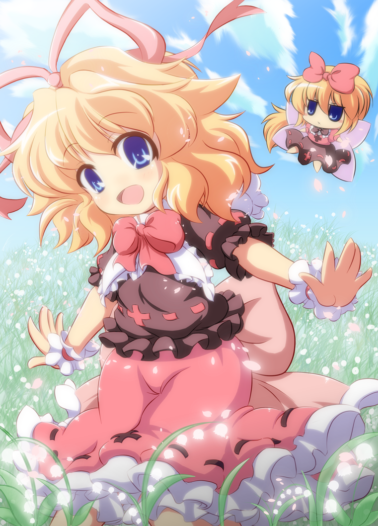 blonde_hair blue_eyes doll dress dress_shirt field flower flower_field hair_ribbon lily_of_the_valley medicine_melancholy nullpooo outstretched_arms red_dress ribbon shirt smile solo su-san touhou wings wrist_cuffs