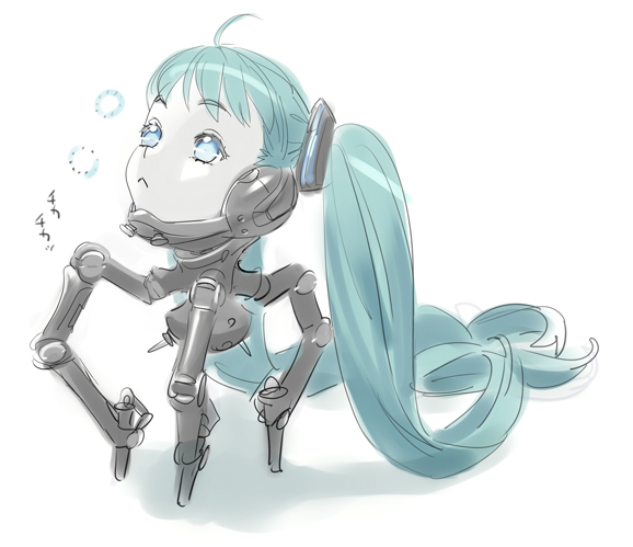 ahoge aqua_hair blue_eyes hatsune_miku head long_hair nishieda robot robot_legs twin_tails vocaloid