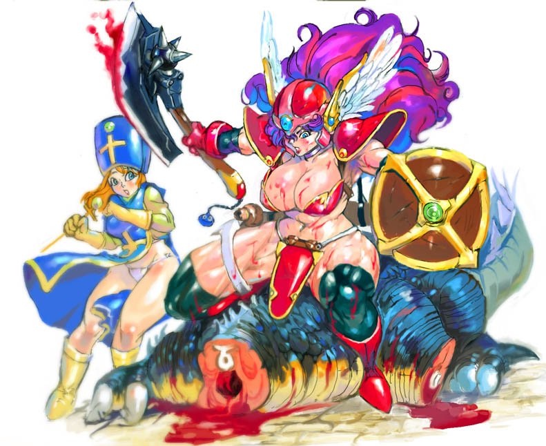 armor axe bikini_armor blood blue_eyes blue_hair bodysuit breasts choker cleavage decapitation dragon dragon_quest dragon_quest_iii elbow_gloves gloves large_breasts long_hair multiple_girls muscle panties priest_(dq3) purple_eyes purple_hair shield soldier_(dq3) thick_thighs thighs ukatsu_juuzou underwear weapon