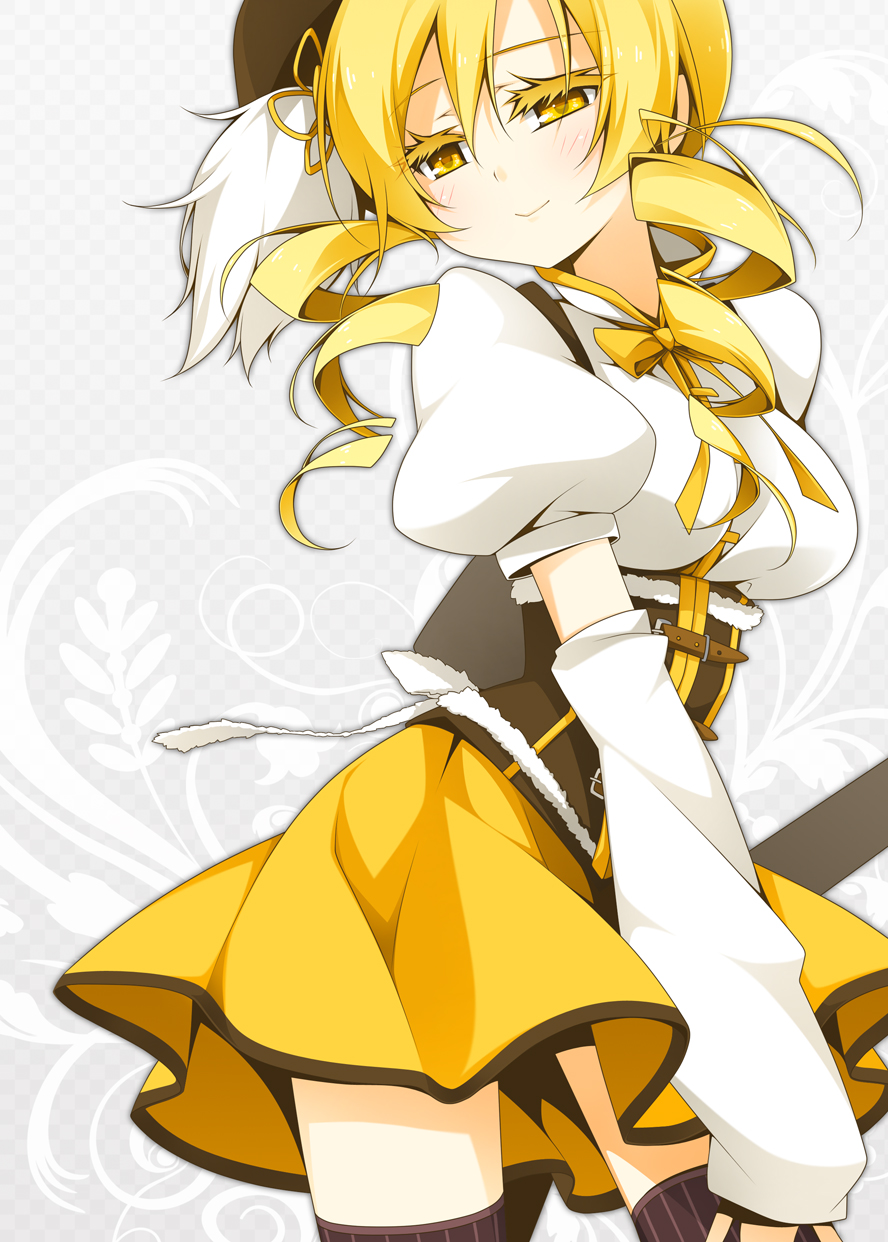 belt blonde_hair buckle colored_eyelashes colorized detached_sleeves drill_hair eyelashes highres mahou_shoujo_madoka_magica reina_(black_spider) solo thighhighs tomoe_mami yellow_eyes