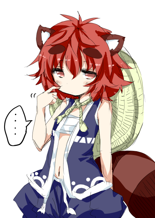 hat kemonomimi midriff red_eyes red_hair sarashi shingetsu_takehito short_hair solo tail tanaka_pon tanukimimi wafuku