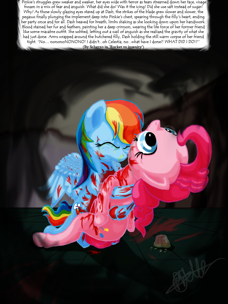 blue_eyes blue_fur cupcake cutie_mark duo earth_pony equine eyes_closed fading_vision female feral finally_snapped friendship_is_magic fur gore hair horror horse kill kitchen last_party mammal multi-colored_hair my_little_pony pegasus pink_fur pink_hair pinkie_pie_(mlp) pony rainbow_dash_(mlp) rainbow_hair rainbow_tail remorse rocket_to_insanity rocket_to_insanity_(mlp_fanfic) sequel unknown_artist vignette wings
