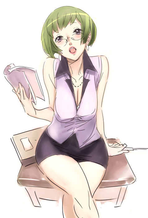 blush book breasts cleavage crossed_legs curvy desk earrings glasses holding holding_book jewelry large_breasts nishieda open_mouth original pencil_skirt rimless_eyewear school_desk short_hair simple_background sitting sketch skirt sleeveless solo teacher