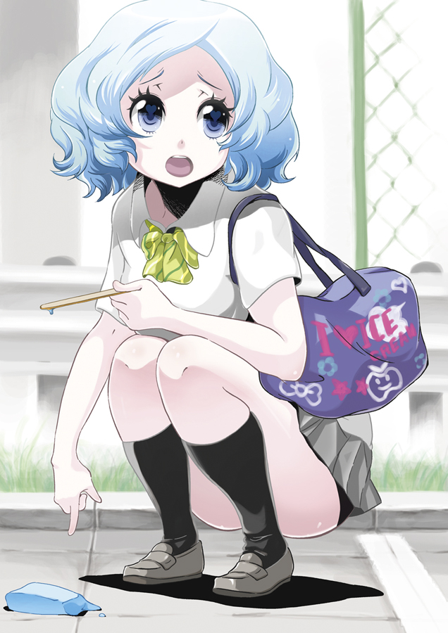 :o bad_id bad_pixiv_id bag blue_hair food gradient_hair heart heart-shaped_pupils kneehighs loafers multicolored_hair open_mouth original pleated_skirt pointing popsicle popsicle_stick school_bag school_uniform shoes short_hair skirt solo squatting symbol-shaped_pupils towashibuki white_hair