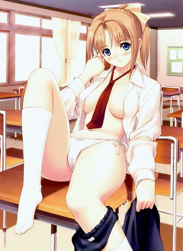 blue_eyes blush classroom desk no_bra open_shirt oppai pantsu side-tie_panties tie undressing