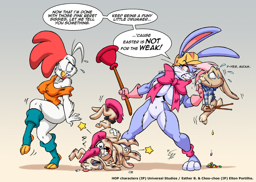 avian beak bottomless breasts chicken cleavage easter easter_bunny eltonpot erect_nipples female fight hi_res hop