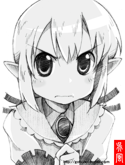 frown gofu greyscale monochrome nichijou pointy_ears princess_starla_(nichijou) short_hair sketch solo spot_color traditional_media