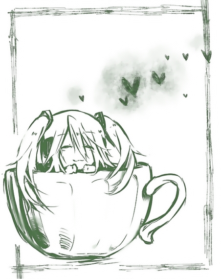 :3 bad_id bad_pixiv_id closed_eyes cup hair_ornament hatsune_miku headphones heart in_container in_cup inazumrai long_hair minigirl monochrome smile solo teacup twintails vocaloid