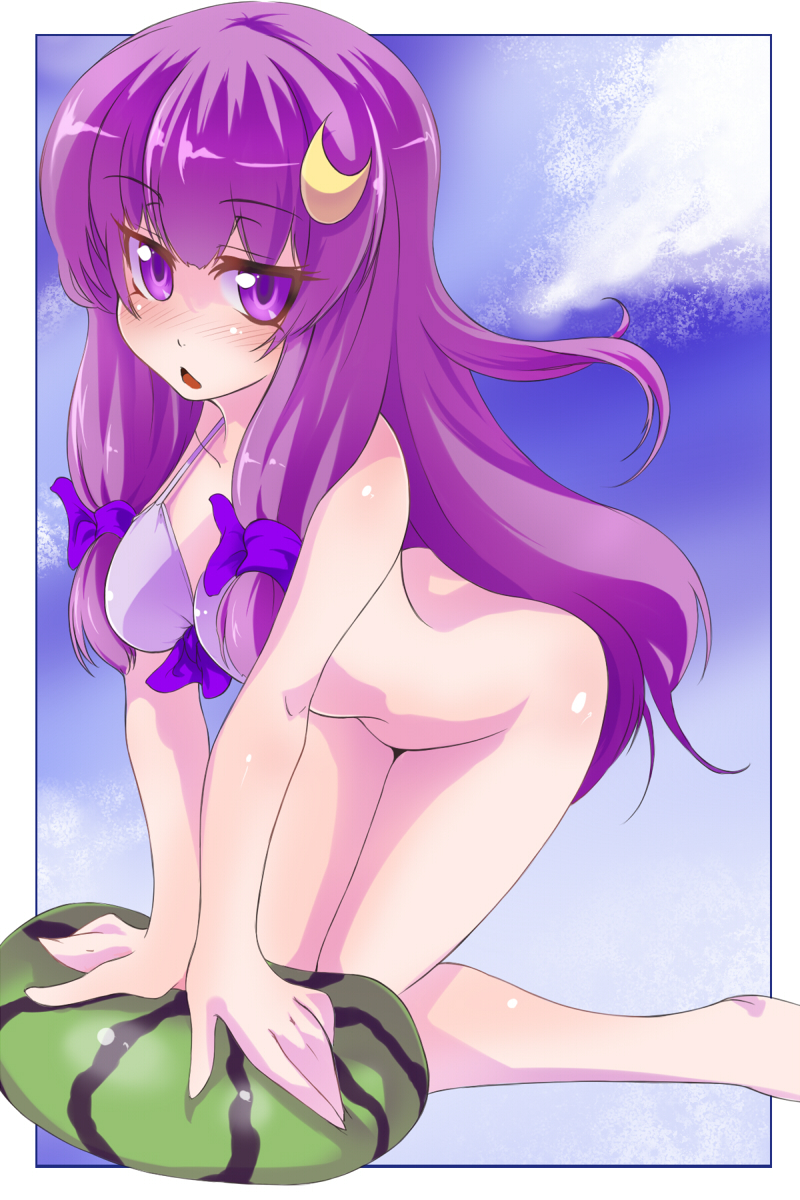 all_fours bare_shoulders bikini blush bottomless bow breasts crescent crescent_hair_ornament face food fruit hair_bow hair_ornament highres long_hair medium_breasts patchouli_knowledge purple_hair solo suikamaru swimsuit touhou very_long_hair watermelon