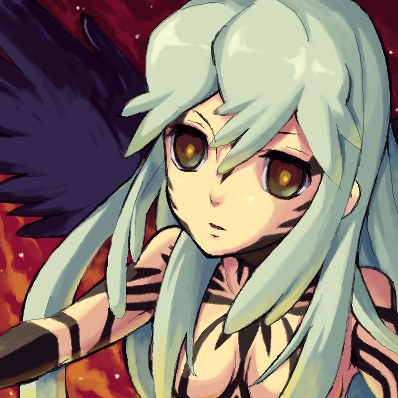 breasts brown_eyes censored convenient_censoring enoo facial_mark full_body_tattoo grey_hair katrina_elesius long_hair lowres medium_breasts multicolored multicolored_eyes nude oekaki red_background sidelocks solo spoilers tattoo wild_arms wild_arms_xf wings yellow_eyes