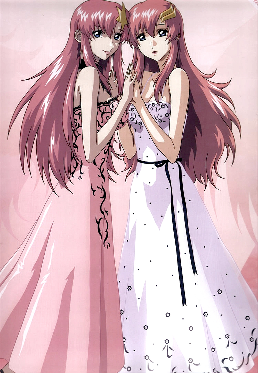 :o alternate_costume bangs belt blue_eyes breasts choker cleavage dress floral_print formal gundam gundam_seed gundam_seed_destiny hair_ornament highres higurashi_ryuuji holding_hands lace lacus_clyne large_breasts lipstick long_hair looking_at_viewer looking_back makeup meer_campbell multiple_girls official_art open_mouth parted_bangs pink_hair profile ribbon scan smile standing star star_hair_ornament very_long_hair
