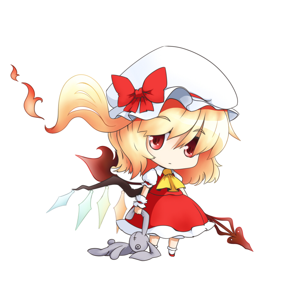 blonde_hair bunny chibi dress ear_grab fire flame flandre_scarlet hat laevatein musashino_udon red_dress red_eyes side_ponytail solo stuffed_toy touhou wings