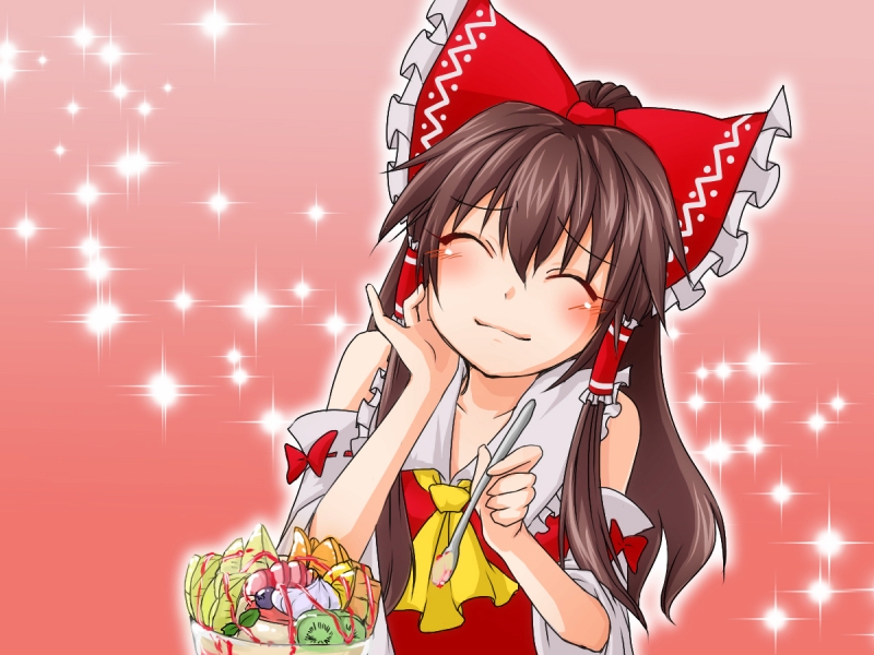 ^_^ ascot bangs blush bow brown_hair closed_eyes detached_sleeves facing_viewer food foodgasm frilled_shirt_collar frills fruit hair_bow hair_tubes hakurei_reimu hand_on_own_cheek hand_on_own_face happy head_tilt holding holding_spoon ice_cream kiwifruit light_smile long_hair melon monrooru orange orange_slice pink_background pinky_out popsicle ribbon_trim sidelocks solo sparkle spoon strawberry_syrup sundae touhou upper_body whipped_cream