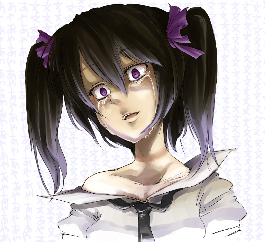 black_hair crying crying_with_eyes_open empty_eyes face harusame_(unmei_no_ikasumi) hata-tan himekaidou_hatate necktie open_clothes open_shirt purple_eyes shirt smile solo tears touhou twintails upper_body wall_of_text yandere