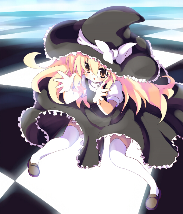 blonde bow hat kirisame_marisa long_hair mary_janes shoes thighhighs touhou witch_hat yellow_eyes