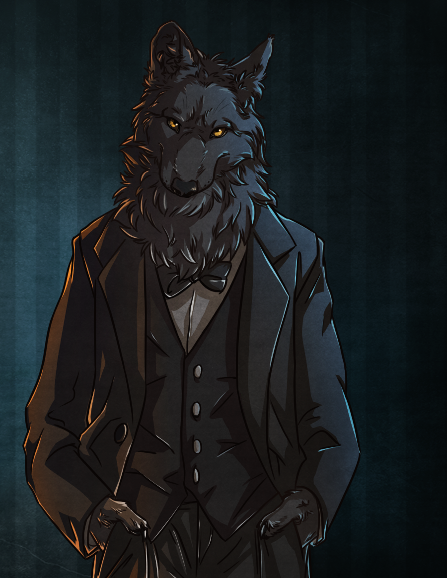 anthro black black_fur black_nose blackpassion777 blackpassion777_(artist) bow_tie business_suit canine chest_tuft claws clothed clothing fur looking_at_viewer male mammal solo stripes suit tuft wolf yellow_eyes