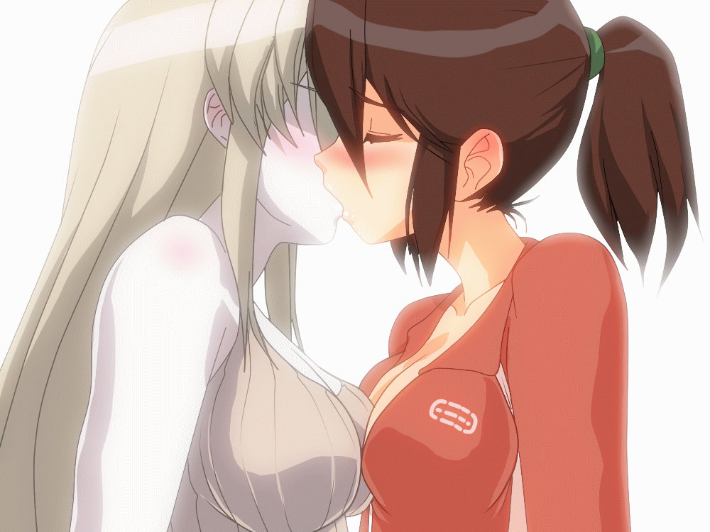 animated animated_gif bare_shoulders blush breast_press breasts brown_hair cleavage closed_eyes couple derivative_work ears hangaku jacket kiss large_breasts left_4_dead long_hair multiple_girls no_eyes pale_skin ponytail shirt short_hair sidelocks silver_hair source_request witch_(left4dead) yuri zoey_(left4dead)