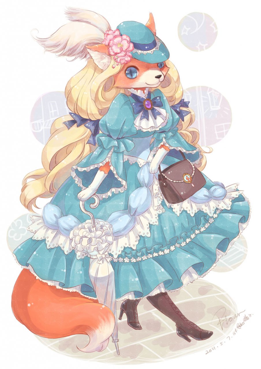 blue_eyes boots canine chromatic_background classy dress female flower fox hair hat jewelry long_blonde_hair long_hair looking_at_viewer mammal plain_background purse ribbons solo suan-cat umbrella white_background young