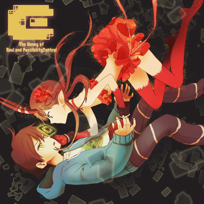 1girl :o bandeau bare_shoulders brown_hair c_(control) card card_with_aura couple credit_card demon_girl eye_contact falling flat_chest floating_card flower frills gecco_knight gloves green_eyes hair_flower hair_ornament hand_on_another's_cheek hand_on_another's_face hetero holding_hands hood hoodie horns long_hair looking_at_another mashu_(control) pants pointy_ears profile red_legwear ribbon short_hair skirt striped thighhighs yellow_card yellow_eyes yoga_kimimaro zettai_ryouiki