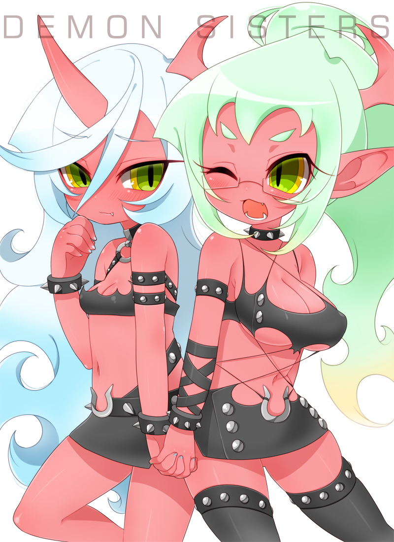 alternate_hairstyle blush breasts cleavage cosplay costume_switch demon_girl glasses horns inuue_kiyu kneesocks_(character) kneesocks_(psg) panty_&amp;_stocking_with_garterbelt pointy_ears red_skin scanty scanty_(psg) smile wink