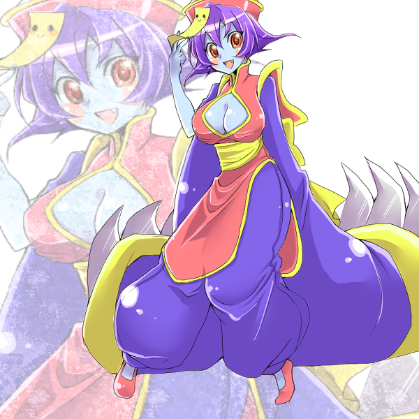 blush breasts capcom chinese_clothes claws cleavage cleavage_cutout fang female full_body hat large_breasts lei_lei pixiv_thumbnail purple_hair red_eyes resized smile solo vampire_(game) yawaragi