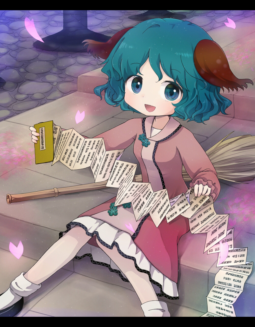 animal_ears bamboo_broom broom dress green_eyes green_hair highres kasodani_kyouko open_mouth pamphlet petals short_hair sitting sitting_on_stairs smile solo stairs tona_(nekotte) touhou wide_face