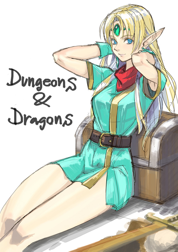 blonde_hair capcom dungeons_and_dragons elf fantasy female kimuchi lucia_(d&amp;d) pointy_ears solo sword treasure_chest weapon white_background