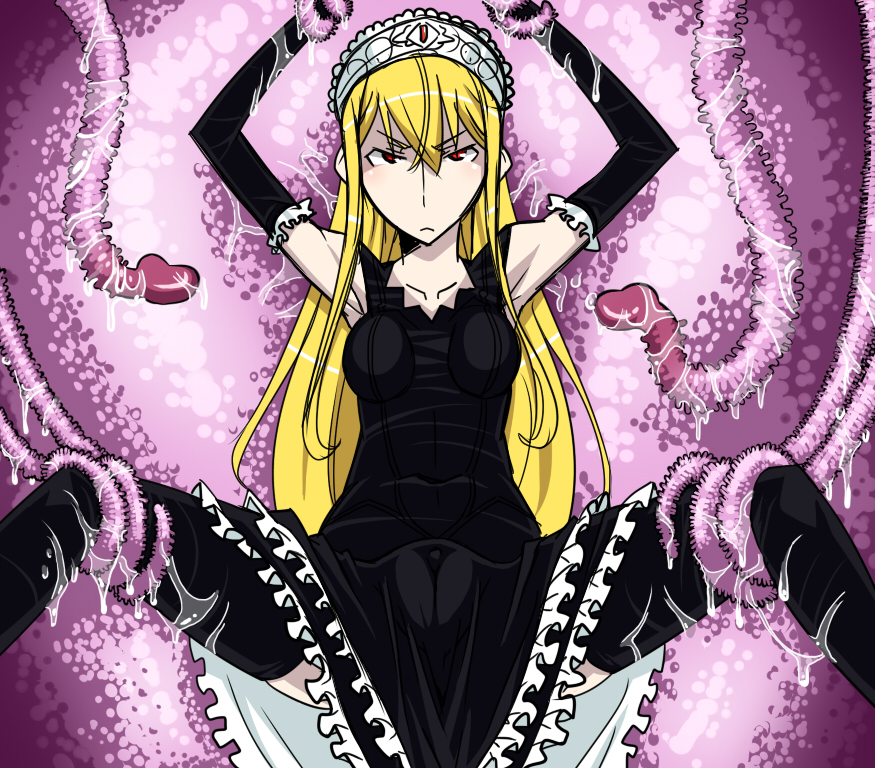 :&lt; armpit armpits arms_up black_dress black_legwear black_thighhighs blonde_hair breasts cameltoe dress fat_mons female frills hime_(kaibutsu_oujo) hinoki kaibutsu_oujo lilianne long_hair looking_at_viewer red_eyes restrained see-through solo spread_legs tentacle tentacles thighhighs tiara tsundere