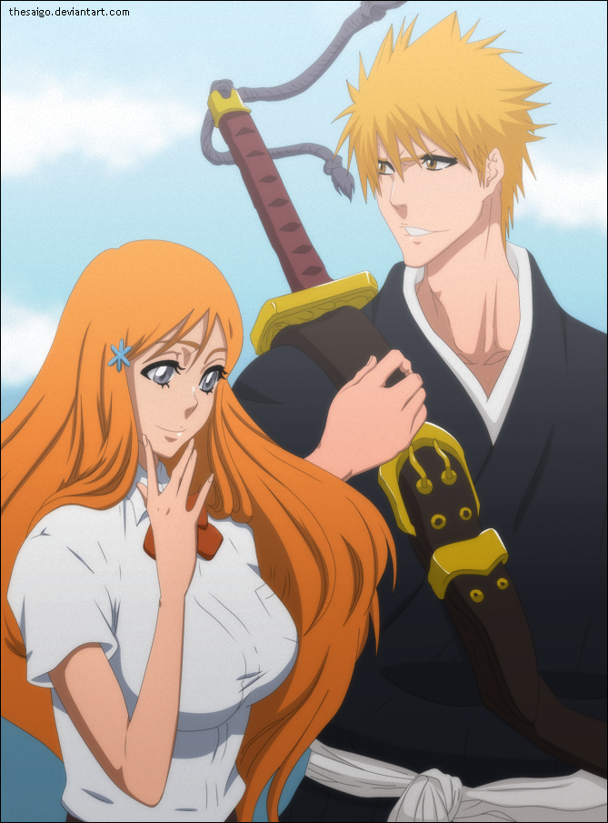 bleach inoue_orihime kurosaki_ichigo large_breasts orange_hair school_uniform smile weapon