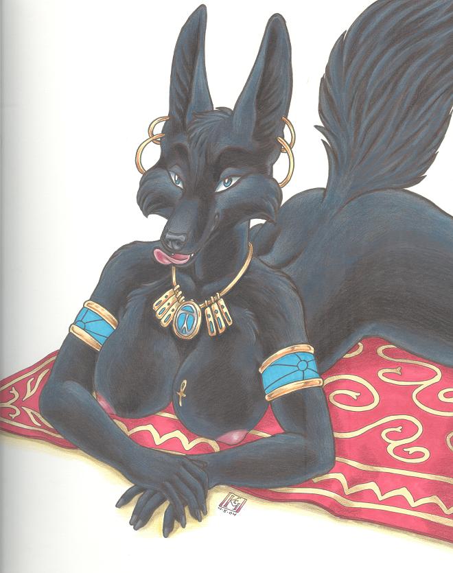 anubian_jackal anubis breasts brown_eyes canine deity egyptian female jackal jewelry kacey looking_at_viewer mammal nude piercing plain_background solo tongue white_background