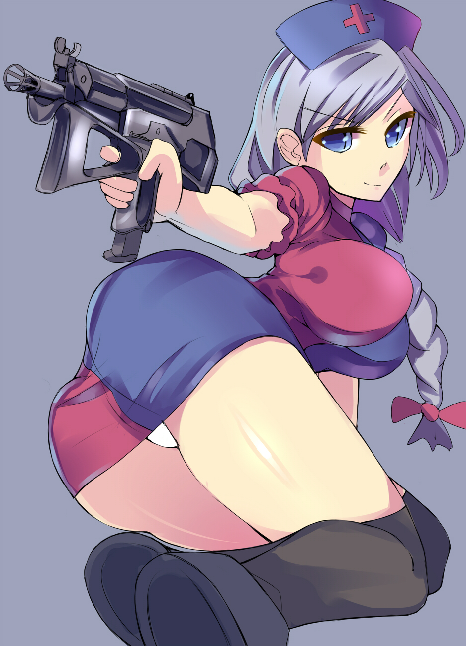 &gt;:) aiming ass bangs black_legwear blue_background blue_eyes braid breasts daito from_behind grey_background gun hat highres hips impossible_clothes impossible_shirt kneehighs large_breasts light_smile long_hair looking_at_viewer looking_back nurse_cap panties pp-2000 shiny shiny_skin shirt shoes silver_hair simple_background smile solo submachine_gun thighhighs thighs touhou underwear v-shaped_eyebrows weapon yagokoro_eirin