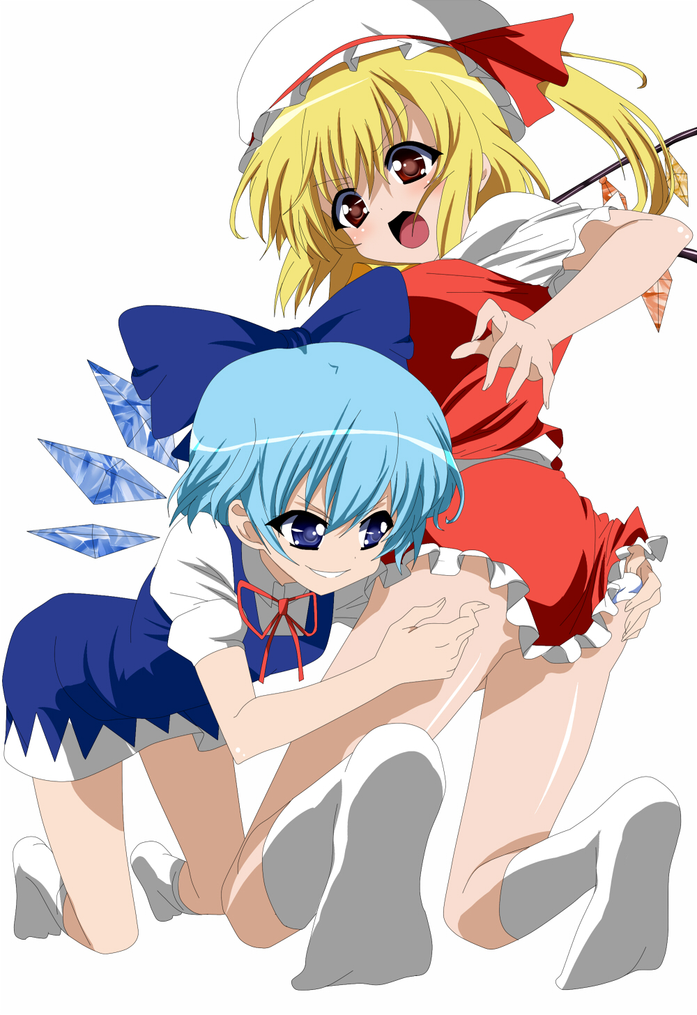 ass bad_id bad_pixiv_id blonde_hair blue_eyes blue_hair blue_skirt blush bow cirno darieari derivative_work dress dress_lift flandre_scarlet grin hair_bow hand_on_ass hat highres kneeling mm! multiple_girls open_mouth panties red_eyes side_ponytail skirt smile touhou underwear white_panties wings