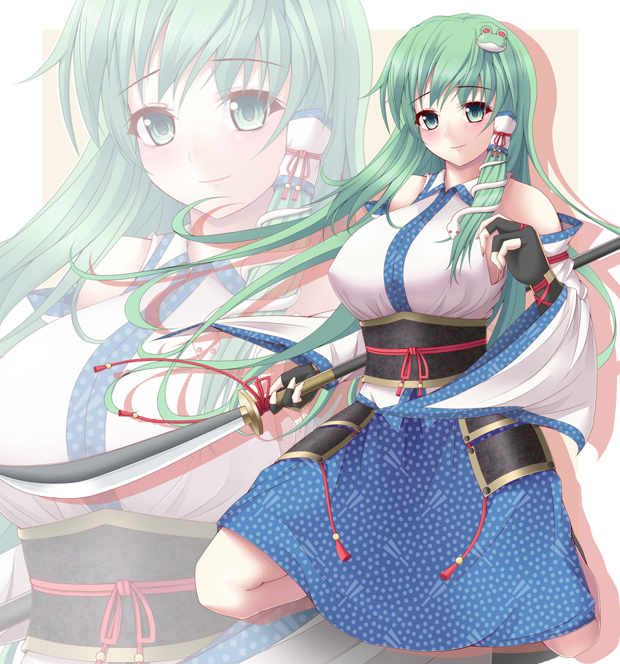 armor armored_dress bad_id bad_pixiv_id belt black_gloves blush breasts covered_nipples detached_sleeves fingerless_gloves frog gloves green_eyes green_hair hair_ornament hair_tubes japanese_armor japanese_clothes kochiya_sanae kusazuri large_breasts long_hair looking_at_viewer meropan naginata polearm shirt skirt smile snake solo spread_legs touhou very_long_hair weapon wide_sleeves zoom_layer