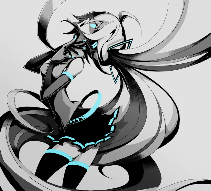 aqua_eyes bad_id bad_pixiv_id elbow_gloves gloves glowing glowing_eyes hatsune_miku headphones long_hair manbou_no_ane monochrome music necktie open_mouth singing skirt solo spot_color thighhighs twintails very_long_hair vocaloid zettai_ryouiki