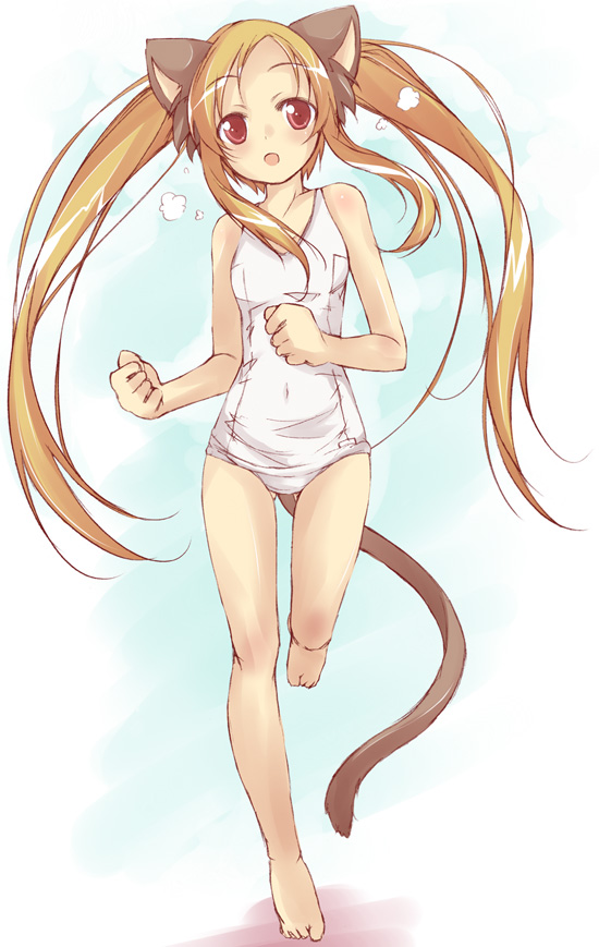 :o animal_ears bad_id bad_pixiv_id barefoot cat_ears cat_tail flat_chest one-piece_swimsuit original school_swimsuit solo swimsuit tail twintails white_school_swimsuit white_swimsuit yumesato_makura