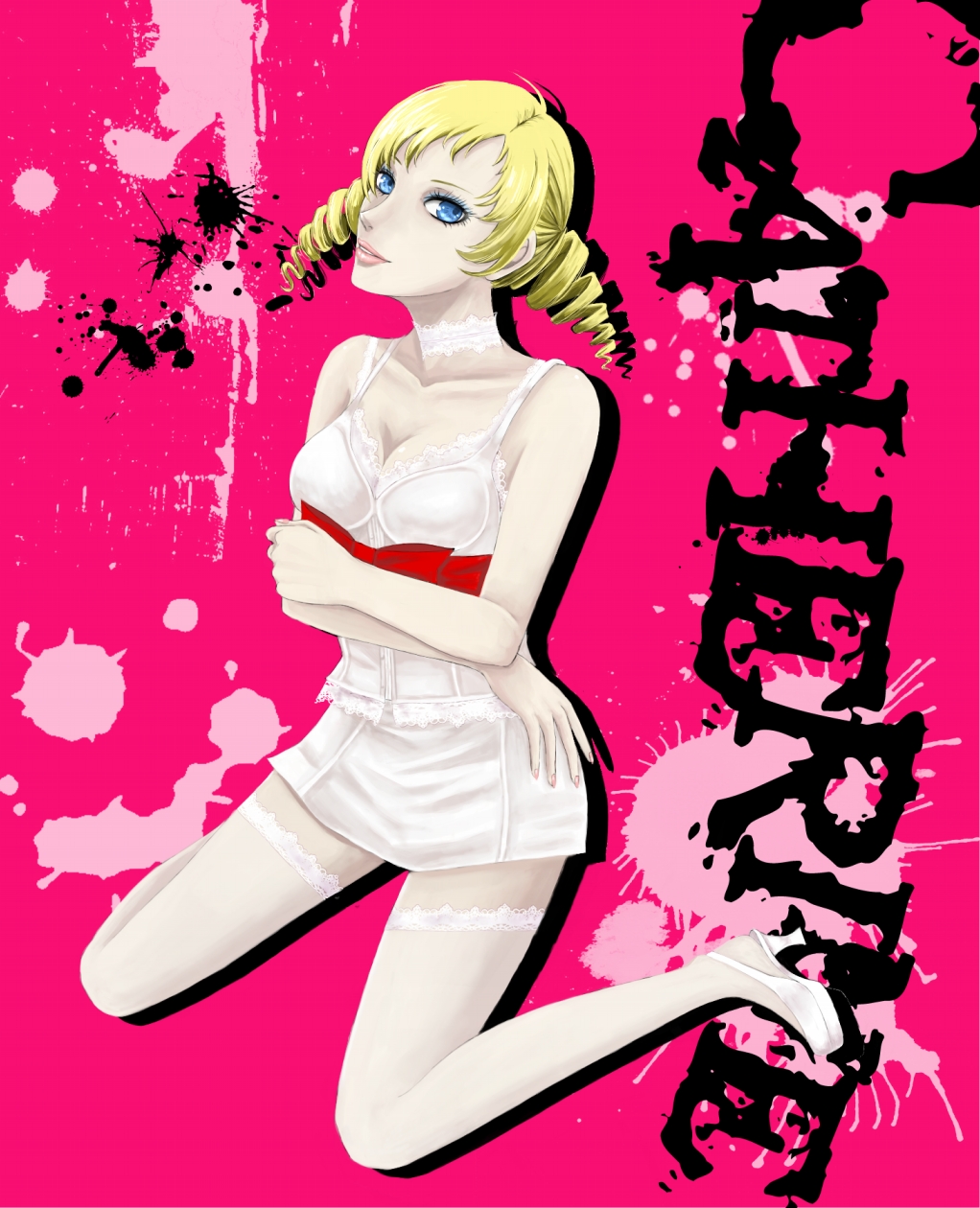 atlus blonde_hair blue_eyes breasts catherine catherine_(game) choker cleavage crossed_arms drill_hair female full_body high_heels highres miniskirt more-ko red_ribbon ribbon shoes short_hair skirt solo thighhighs white_legwear white_thighhighs