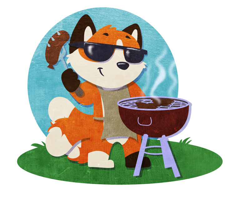 2011 apron canine chibi-marrow fork fox grill multiple_tails sausage summer sunglasses tail