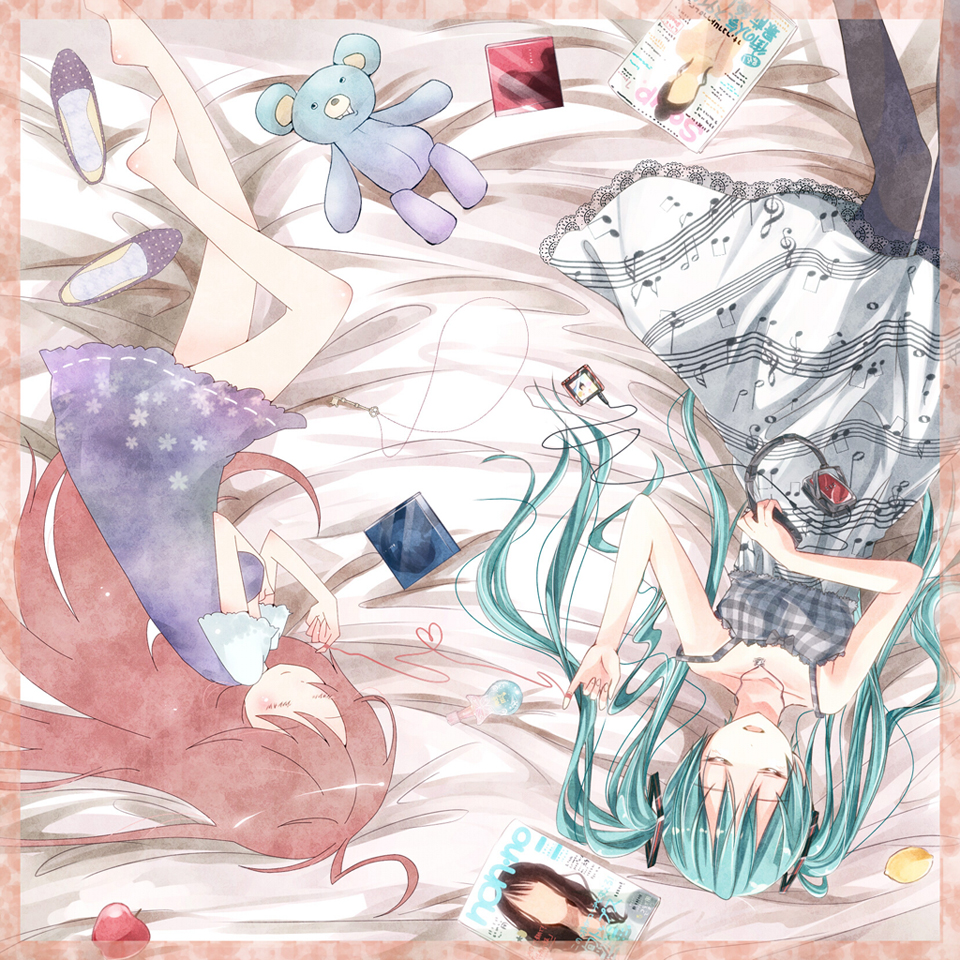 ahoge aioi_aoi apple aqua_hair closed_eyes collaboration digital_media_player dress food fruit hatsune_miku headphones jewelry key lemon long_hair lying magazine multiple_girls musical_note necklace pantyhose red_hair red_string sf-a2_miki shoes_removed string stuffed_animal stuffed_toy teddy_bear twintails upside-down vocaloid