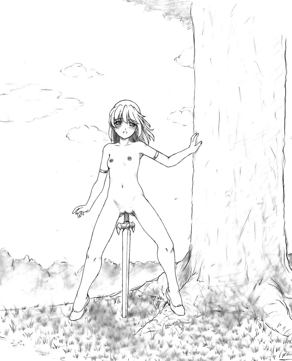 armlet bad_id bad_pixiv_id blush breasts full_body graphite_(medium) greyscale harumachi_nagaaki highres looking_at_viewer masturbation monochrome nipples nude object_insertion original outdoors planted_sword planted_weapon pussy shoes small_breasts solo standing sword traditional_media tree weapon