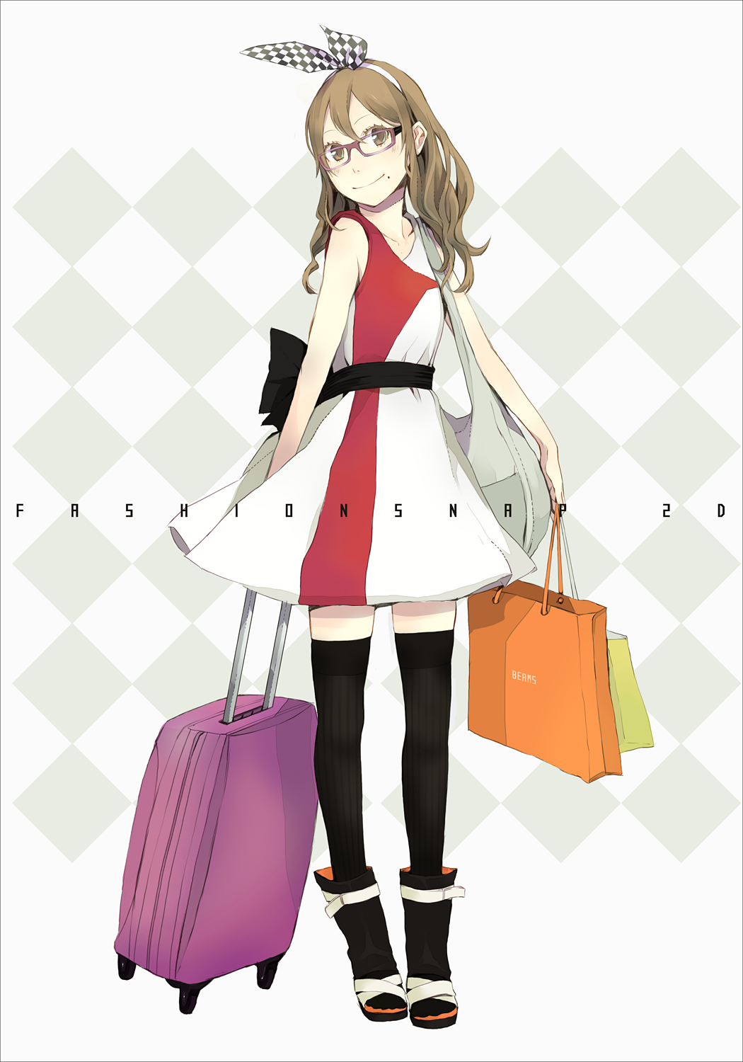 bad_id bad_pixiv_id bag bangs bare_shoulders black_footwear black_legwear boots bow brown_eyes brown_hair checkered checkered_background checkered_ribbon dress fashion full_body glasses hair_ribbon hairband highres holding holding_bag long_hair looking_at_viewer mole mole_under_mouth original ribbon shopping_bag sleeveless sleeveless_dress smile solo standing suitcase thighhighs wavy_hair yoshito zettai_ryouiki