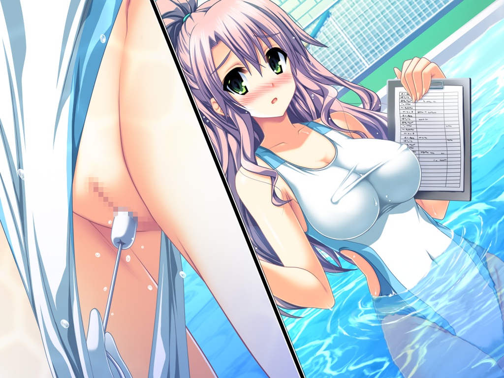 akaza censored hand hands henshin_3 insertion living_clothes long_hair notebook object_insertion pen pool purple_hair pussy school_swimsuit swimsuit tampon water white_school_swimsuit white_swimsuit
