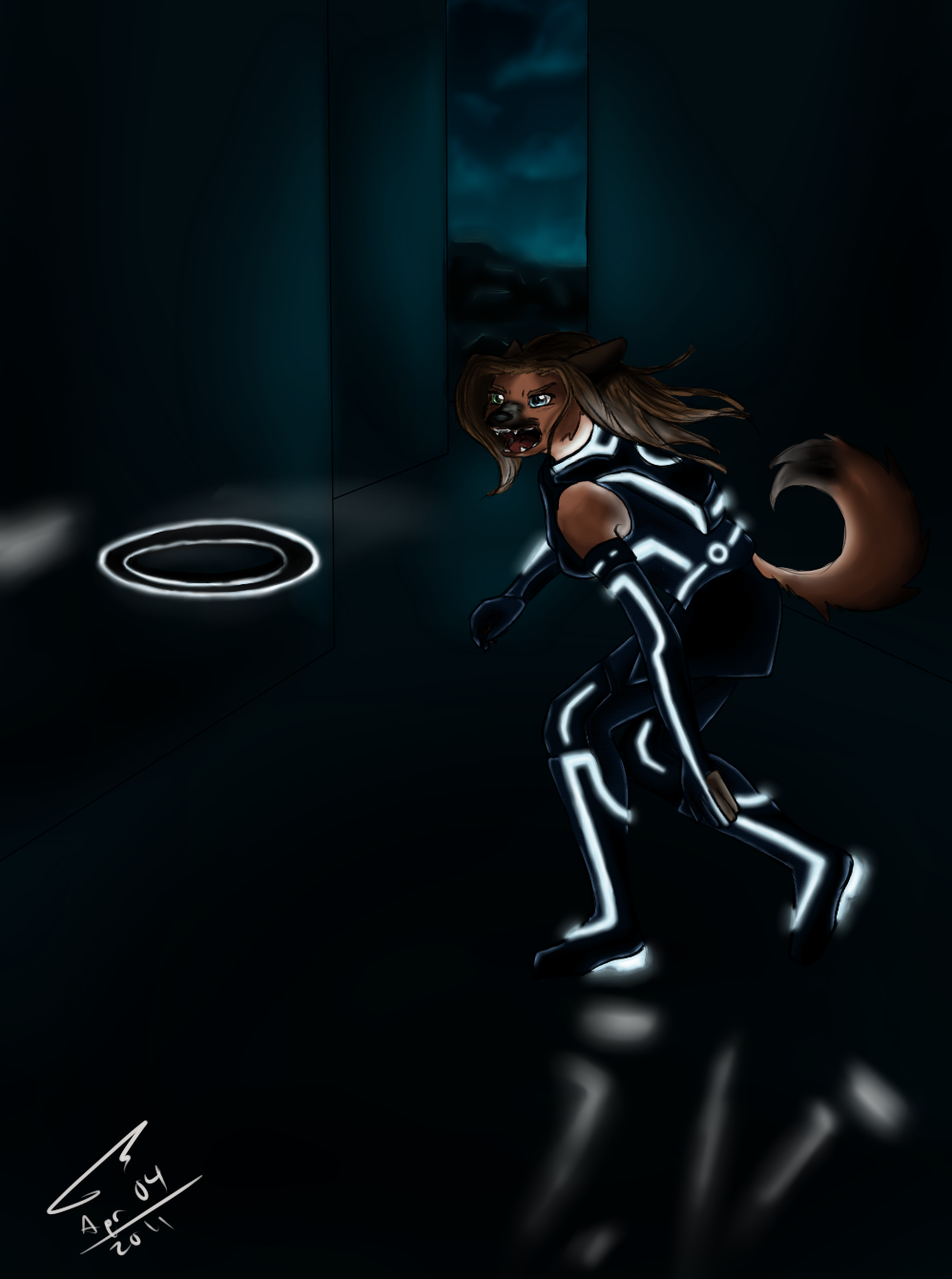 angry attempt brown_fur canine dark dog escape female flee frisbee fur glowing hair identity_disc kyuushi light mad mammal orange reflection running suit throw tron tron_legacy wolf
