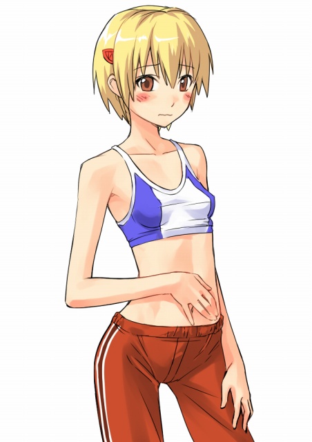 armpits blonde_hair blush bra flat_chest hair_ornament hairclip katsuragi_yako lingerie majin_tantei_nougami_neuro midriff mosha navel orange_eyes short_hair solo sports_bra underwear