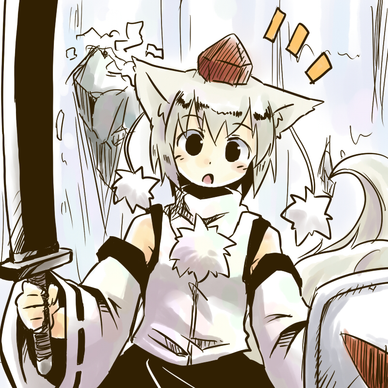 animal_ears bare_shoulders blush detached_sleeves face hat inubashiri_momiji open_mouth shield short_hair silver_hair solo sword tail tokin_hat touhou upper_body water waterfall weapon white_hair wolf_ears wolf_tail yudepii
