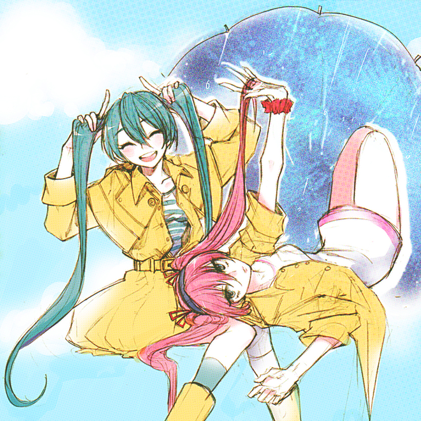alternate_costume alternate_hairstyle aqua_hair bad_id bad_pixiv_id boots bracelet closed_eyes dress hair_ribbon hairband hatsune_miku jacket jewelry lap_pillow long_hair lying megurine_luka multiple_girls on_back open_mouth pink_hair ribbon rubber_boots siblings sketch sleeves_rolled_up smile tima twins very_long_hair vocaloid