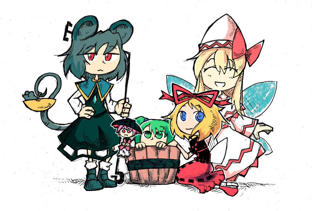 :&lt; animal_ears black_dress blonde_hair blue_eyes blue_footwear bow character_request closed_eyes closed_mouth commentary dress facing_viewer fairy_wings green_eyes green_hair hair_ribbon hand_on_hip hat hat_bow holding kisume kneeling lily_white long_hair long_sleeves medicine_melancholy minigirl mouse mouse_ears mouse_tail multiple_girls nazrin pink_bow pink_hair prehensile_tail red_eyes red_footwear red_ribbon red_skirt ribbon setz shoes skirt smile socks standing sukuna_shinmyoumaru tail touhou white_legwear wings